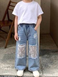 Dazy Kids Young Girls Lace Patchwork Distressed Wide Leg Jeans - Light Wash - View 3