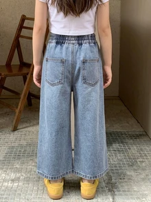 Dazy Kids Young Girls Lace Patchwork Distressed Wide Leg Jeans - Light Wash - View 2