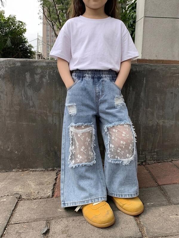 Dazy Kids 少女蕾絲拼接破洞寬版牛仔褲