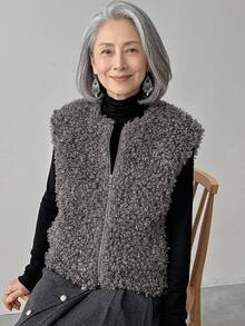 FRIFUL Solid Color Zipper Casual Baggy Versatile Vest Jacket For Middle-Aged And Elderly Women Autumn Formal Holiday Grey - Grey - View 5