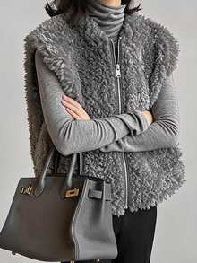 FRIFUL Solid Color Zipper Casual Baggy Versatile Vest Jacket For Middle-Aged And Elderly Women Autumn Formal Holiday Grey - Grey - View 7