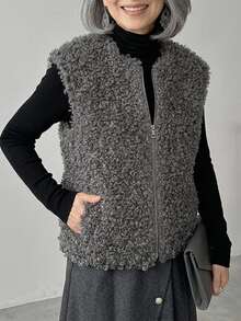 FRIFUL Solid Color Zipper Casual Baggy Versatile Vest Jacket For Middle-Aged And Elderly Women Autumn Formal Holiday Grey - Grey - View 8