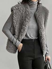 FRIFUL Solid Color Zipper Casual Baggy Versatile Vest Jacket For Middle-Aged And Elderly Women Autumn Formal Holiday Grey - Grey - View 1