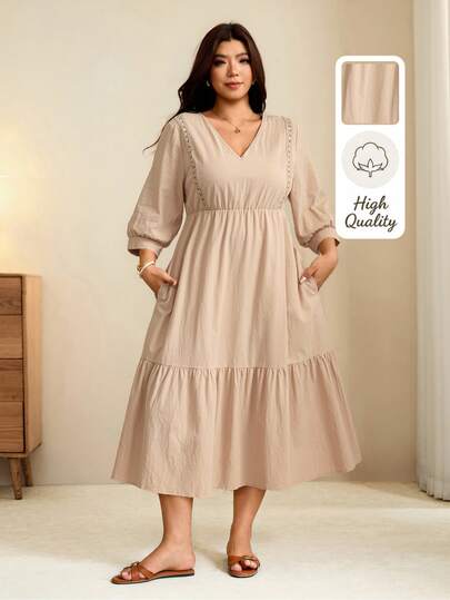 Edennvi Plus Lantern Sleeve Ruffle Hem Dress Fall Brunch Formal Beige Boho Elegant Casual