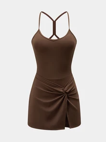 CourtClass CourtClass Romper Olahraga Atletik Sopan Twist Depan untuk Gym dan Tenis, Cokelat Tua, Musim Panas - Coffee Brown - View 7