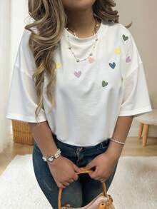 SHEIN CURVE+ Plus Size Women Summer Round Neck Short Sleeve Casual T-Shirt With Heart Embroidery Design - White - View 4