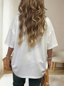 SHEIN CURVE+ Plus Size Women Summer Round Neck Short Sleeve Casual T-Shirt With Heart Embroidery Design - White - View 2