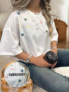 SHEIN CURVE+ Plus Size Women Summer Round Neck Short Sleeve Casual T-Shirt With Heart Embroidery Design - White - View 1