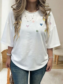 SHEIN CURVE+ Plus Size Women Summer Round Neck Short Sleeve Casual T-Shirt With Heart Embroidery Design - White - View 3