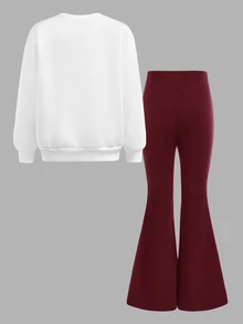 SHEIN 2pcs/Set Tween Girls Casual Contrast Color Print Crew Neck Long Sleeve Hoodie And Pants Set - Burgundy - View 2