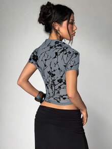 EgrlEra Women's Floral Print Cutout Chest Casual Versatile Daily Wear Blouse - Grey - View 2