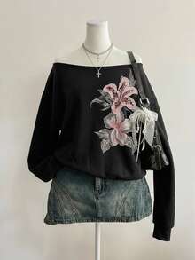 Attitoon Casual Loose Off-Shoulder Printed Pattern Thick Sweatshirt - Black - View 4