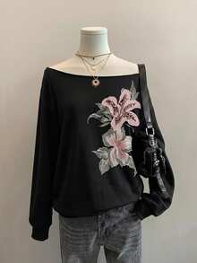 Attitoon Casual Loose Off-Shoulder Printed Pattern Thick Sweatshirt - Black - View 9