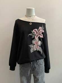 Attitoon Casual Loose Off-Shoulder Printed Pattern Thick Sweatshirt - Black - View 3