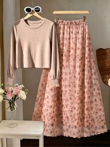 GlowEve CURVE Set 2 Potong Musim Semi/Panas/Gugur, Gaun dan Atasan Tanpa Lengan Bermotif, Potongan yang Menawan, Elegan, Kasual, Ukuran Plus, Cocok untuk Brunch, High Tea, Formal, Abu-abu Cokelat, Musim Gugur - Khaki - View 3