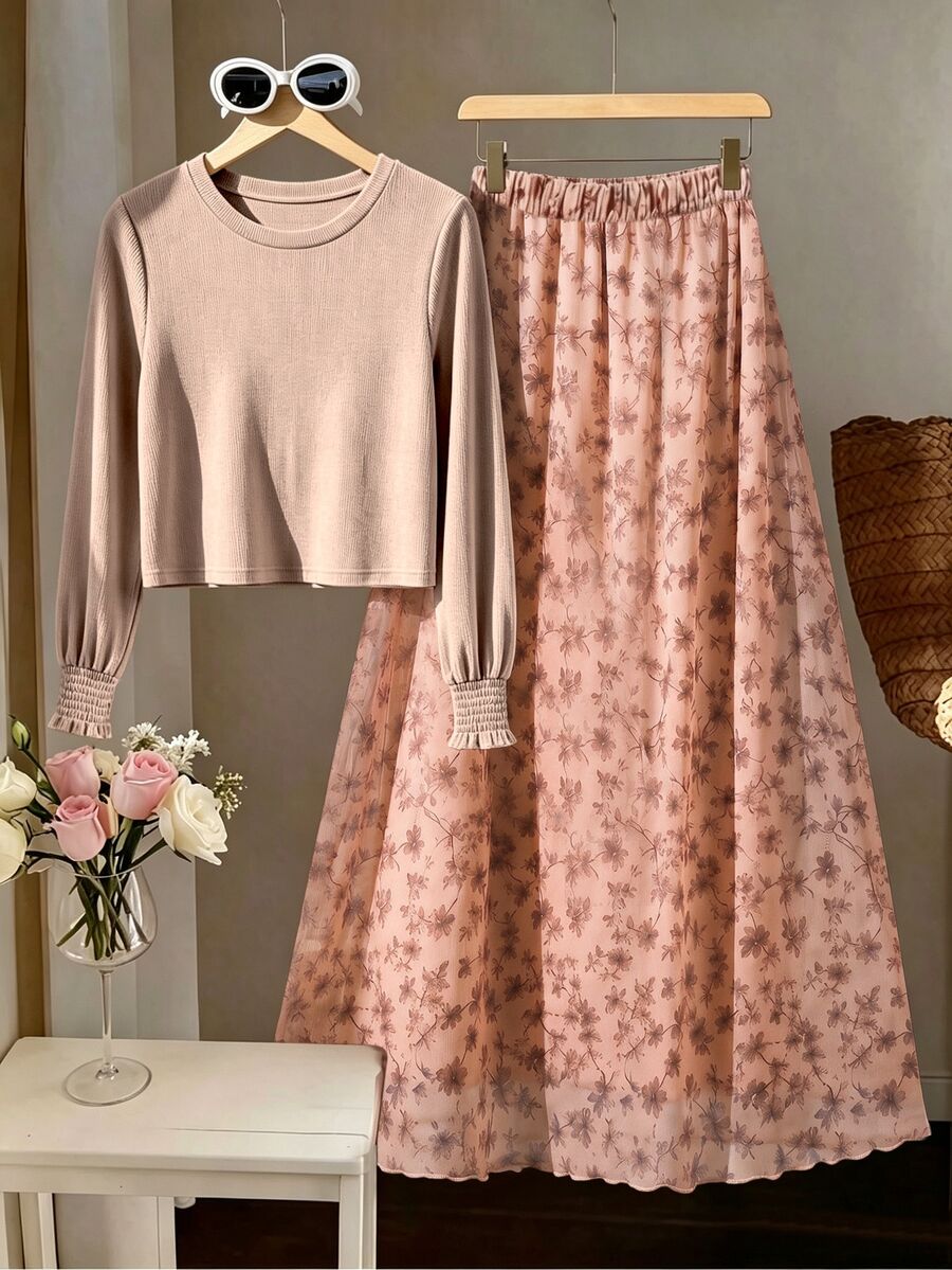 GlowEve CURVE Spring/Summer/Autumn 2 Pieces Set Printed Dress Tank Top, Flattering Fit, Elegant Casual Plus Size Brunch High Tea Formal Grey Brown Fall - Khaki - View 1