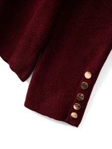 GlowEve CURVE Atasan Rajut Leher Bulat Vintage Burgundy Ukuran Plus untuk Wanita dengan Desain Manset Kancing Logam, Sweater Leher Bulat Minimalis Lengan Panjang Bergaris Slim Fit yang Menawan untuk Lapisan Musim Gugur/Dingin - Burgundy - View 6