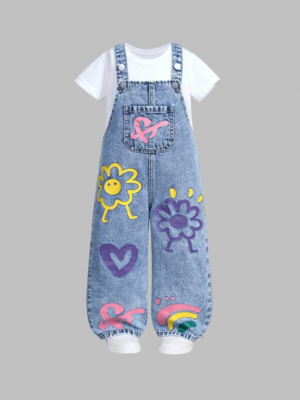 SHEIN ChillGRL Girls Young Girl New Floral Heart Rainbow Graffiti Fashion Casual Soft Denim Overall Jumpsuit Summer Holiday Autumn Fall