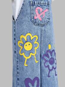 SHEIN ChillGRL 女童少女新款花卉愛心彩虹塗鴉時尚休閒軟牛仔連身褲 夏季度假秋季穿搭 - 中等水洗藍 - 查看 6