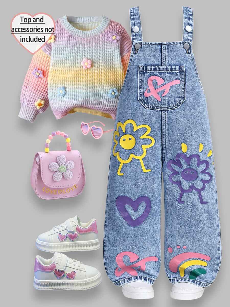 SHEIN ChillGRL 女童少女新款花卉愛心彩虹塗鴉時尚休閒軟牛仔連身褲 夏季度假秋季穿搭 - 中等水洗藍 - 查看 1