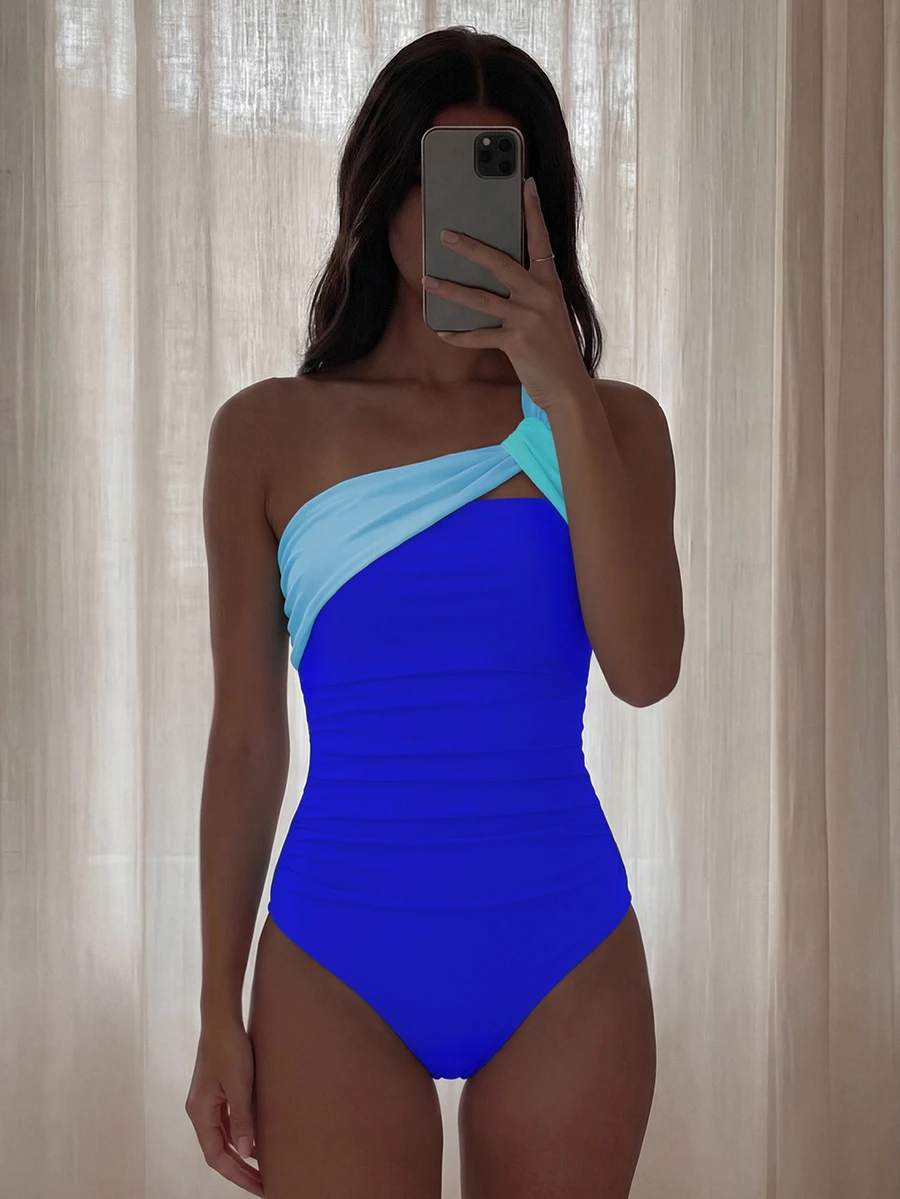 SHEIN Swim Women's Colorblock One-Shoulder One-Piece Swimsuit For Beach Vacation - Royal Blue - View 1
