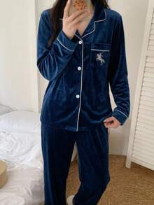 SHEIN 女童藍色韓版抓絨口袋騎士刺繡開襟衫長袖褲 2件套睡衣套裝 抓絨內裡 秋冬款 - 藍色 - 查看 4