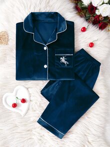 SHEIN 女童藍色韓版抓絨口袋騎士刺繡開襟衫長袖褲 2件套睡衣套裝 抓絨內裡 秋冬款 - 藍色 - 查看 8