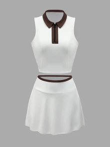 SHEIN Sports Women's Colorblock Zip-Up Half-Placket Tank Top And Skirt Sports Set Tennis Gym White Summer Sporty Casual - Multicolor - View 7