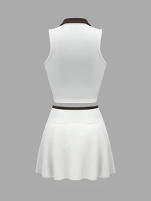 SHEIN Sports Women's Colorblock Zip-Up Half-Placket Tank Top And Skirt Sports Set Tennis Gym White Summer Sporty Casual - Multicolor - View 8