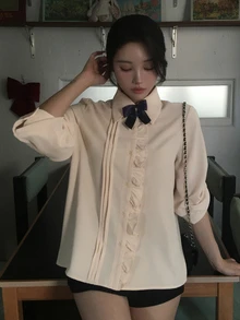 DAZY Blus Formal Elegan Musim Semi dan Gugur untuk Wanita dengan Pita Warna Kontras, Lengan Panjang Longgar, Lipit, dan Hiasan Rumbai - Aprikot - View 6
