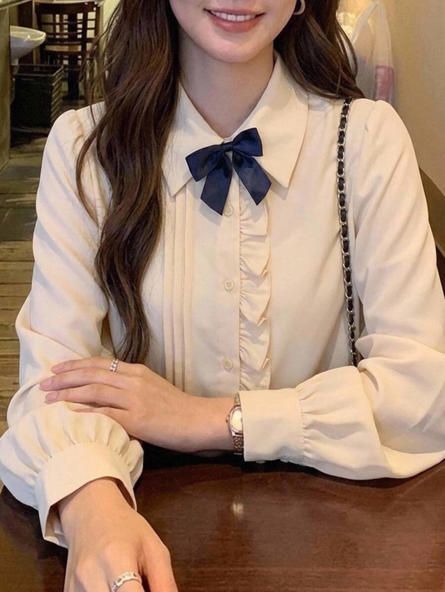 DAZY Blus Formal Elegan Musim Semi dan Gugur untuk Wanita dengan Pita Warna Kontras, Lengan Panjang Longgar, Lipit, dan Hiasan Rumbai - Aprikot - View 1