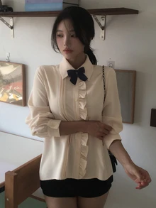 DAZY Blus Formal Elegan Musim Semi dan Gugur untuk Wanita dengan Pita Warna Kontras, Lengan Panjang Longgar, Lipit, dan Hiasan Rumbai - Aprikot - View 3