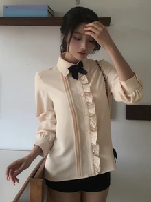 DAZY Blus Formal Elegan Musim Semi dan Gugur untuk Wanita dengan Pita Warna Kontras, Lengan Panjang Longgar, Lipit, dan Hiasan Rumbai - Aprikot - View 4