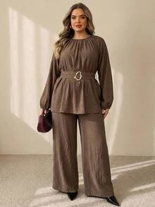 SHEIN CURVE+ Women's 22W Versatile Casual Elegant Business Brown Textured Crew-Neck Long-Sleeve Top Fall Office Homewear Formal Party Evening - Brown - View 4