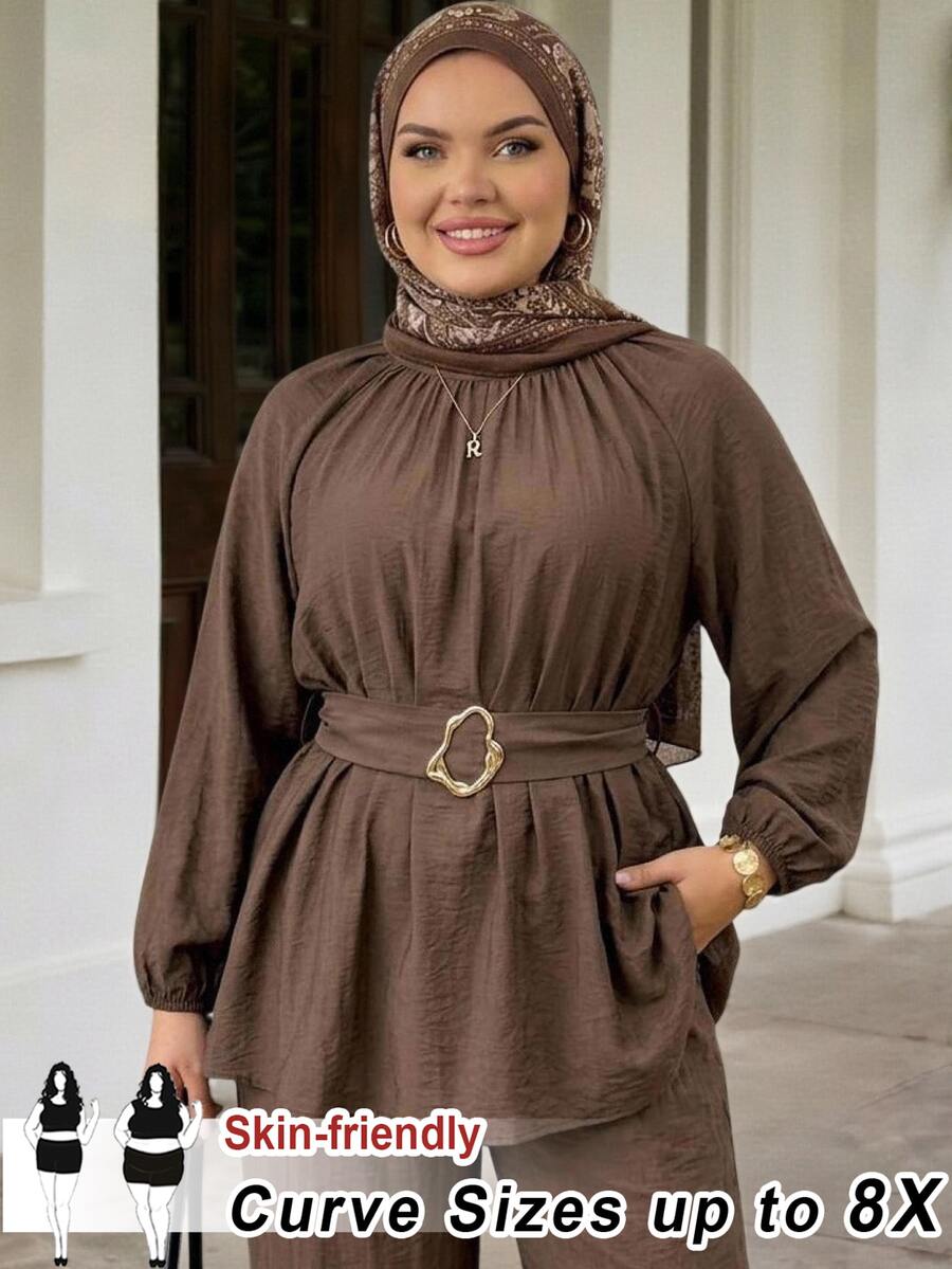 SHEIN CURVE+ Women's 22W Versatile Casual Elegant Business Brown Textured Crew-Neck Long-Sleeve Top Fall Office Homewear Formal Party Evening - Brown - View 1