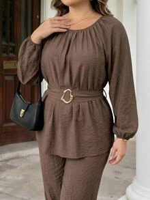 SHEIN CURVE+ Women's 22W Versatile Casual Elegant Business Brown Textured Crew-Neck Long-Sleeve Top Fall Office Homewear Formal Party Evening - Brown - View 5