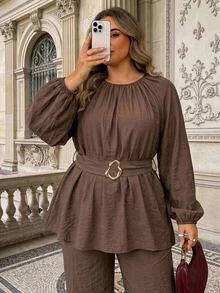 SHEIN CURVE+ Women's 22W Versatile Casual Elegant Business Brown Textured Crew-Neck Long-Sleeve Top Fall Office Homewear Formal Party Evening - Brown - View 8