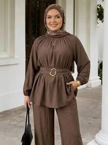SHEIN CURVE+ Women's 22W Versatile Casual Elegant Business Brown Textured Crew-Neck Long-Sleeve Top Fall Office Homewear Formal Party Evening - Brown - View 7