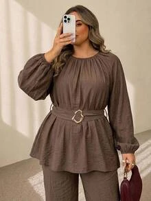 SHEIN CURVE+ Women's 22W Versatile Casual Elegant Business Brown Textured Crew-Neck Long-Sleeve Top Fall Office Homewear Formal Party Evening - Brown - View 6