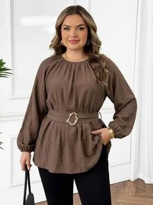 SHEIN CURVE+ Women's 22W Versatile Casual Elegant Business Brown Textured Crew-Neck Long-Sleeve Top Fall Office Homewear Formal Party Evening - Brown - View 3