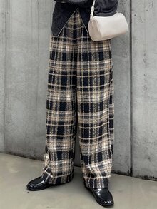 FRIFUL Women's Plaid Wide Leg Loose Casual Long Pants Fall - Brown - View 7