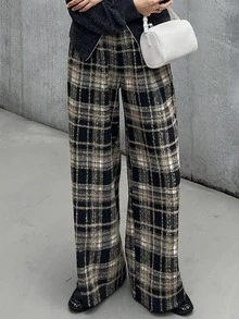 FRIFUL Women's Plaid Wide Leg Loose Casual Long Pants Fall - Brown - View 1