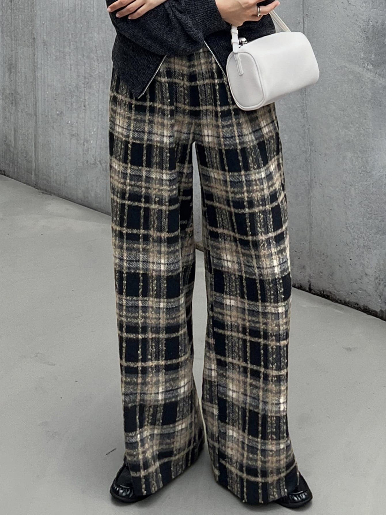 FRIFUL Women's Plaid Wide Leg Loose Casual Long Pants Fall - Brown - View 1