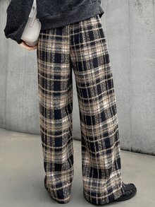 FRIFUL Women's Plaid Wide Leg Loose Casual Long Pants Fall - Brown - View 2