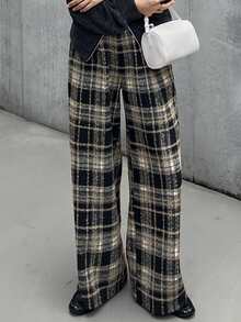 FRIFUL Women's Plaid Wide Leg Loose Casual Long Pants Fall - Brown - View 4