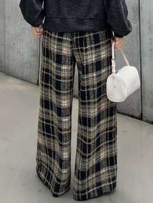FRIFUL Women's Plaid Wide Leg Loose Casual Long Pants Fall - Brown - View 6