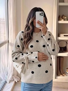 SHEIN كنزة كاجوال للحوامل بنقاط بولكا وربطة أمامية، خريف/شتاء - بني - مشاهدة 2