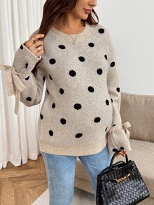SHEIN كنزة كاجوال للحوامل بنقاط بولكا وربطة أمامية، خريف/شتاء - بني - مشاهدة 4