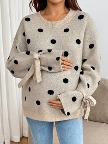 SHEIN كنزة كاجوال للحوامل بنقاط بولكا وربطة أمامية، خريف/شتاء - بني - مشاهدة 6