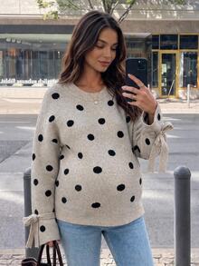 SHEIN كنزة كاجوال للحوامل بنقاط بولكا وربطة أمامية، خريف/شتاء - بني - مشاهدة 10